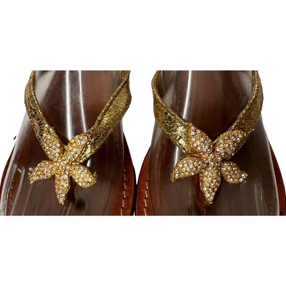 Mystique Gold Leather Crystal Rhinestone StarfishThong Flip Flop Sandal Womens 7 - Picture 3 of 12